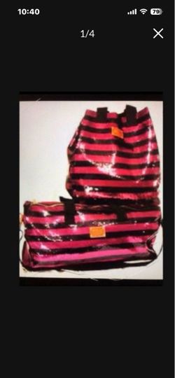2 NEW Victoria’s Secret Pink Limited Edition Black Hot Pink Striped Duffle Gym Weekender Tote Bag Crossbody Carry On Luggage Suitcase Travel Vacation