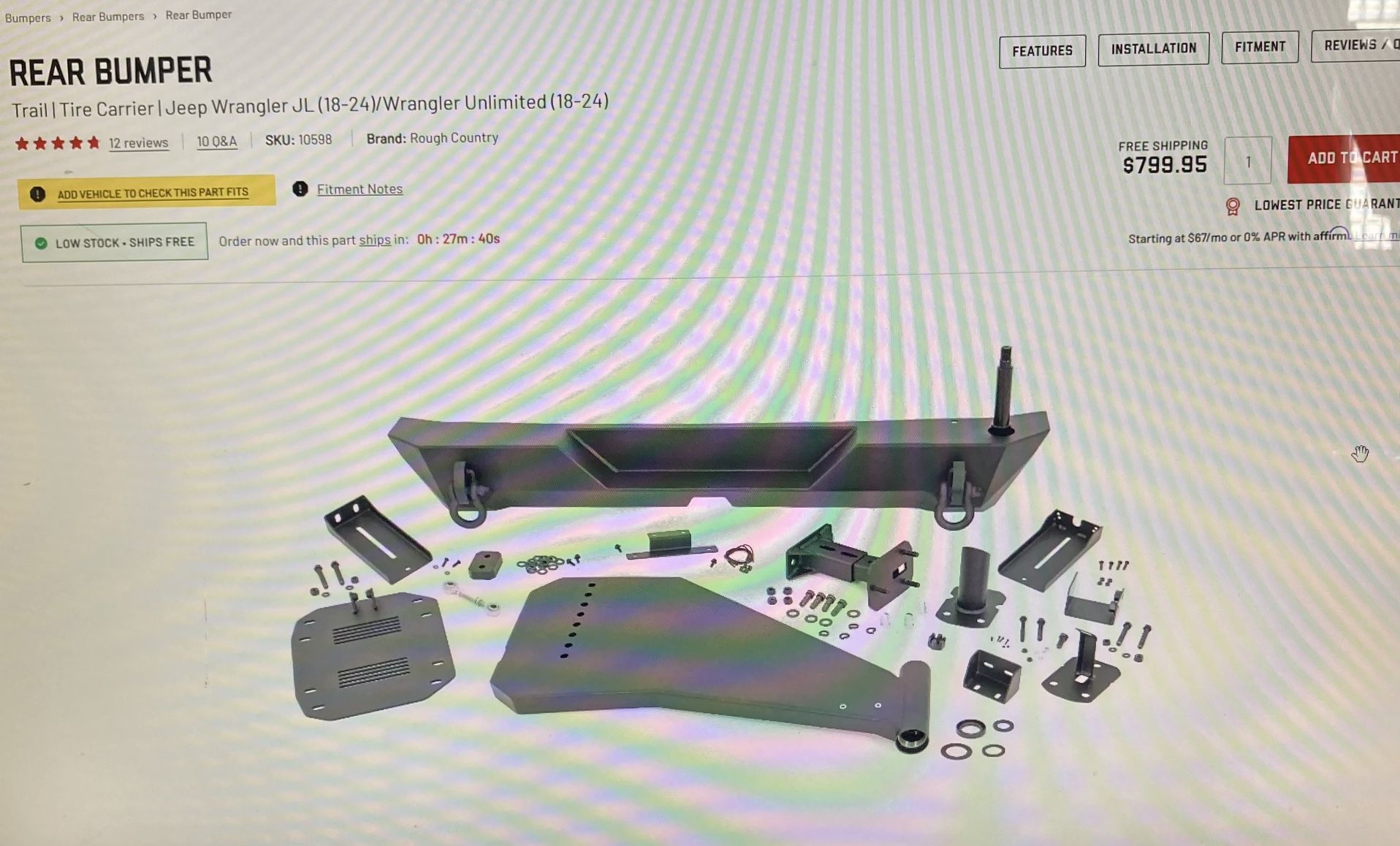 Rough Country Rea Bumper Trail Tire Carrier For 2018-24 Jeep Wrangler JL 