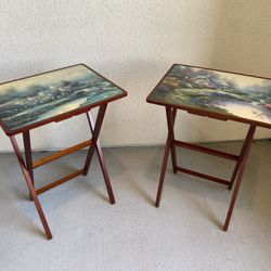 Vintage THOMAS KINKADE SET OF 2 WOODEN TV TRAY TABLES - RARE COLLECTIBLE PAINTING SCENES