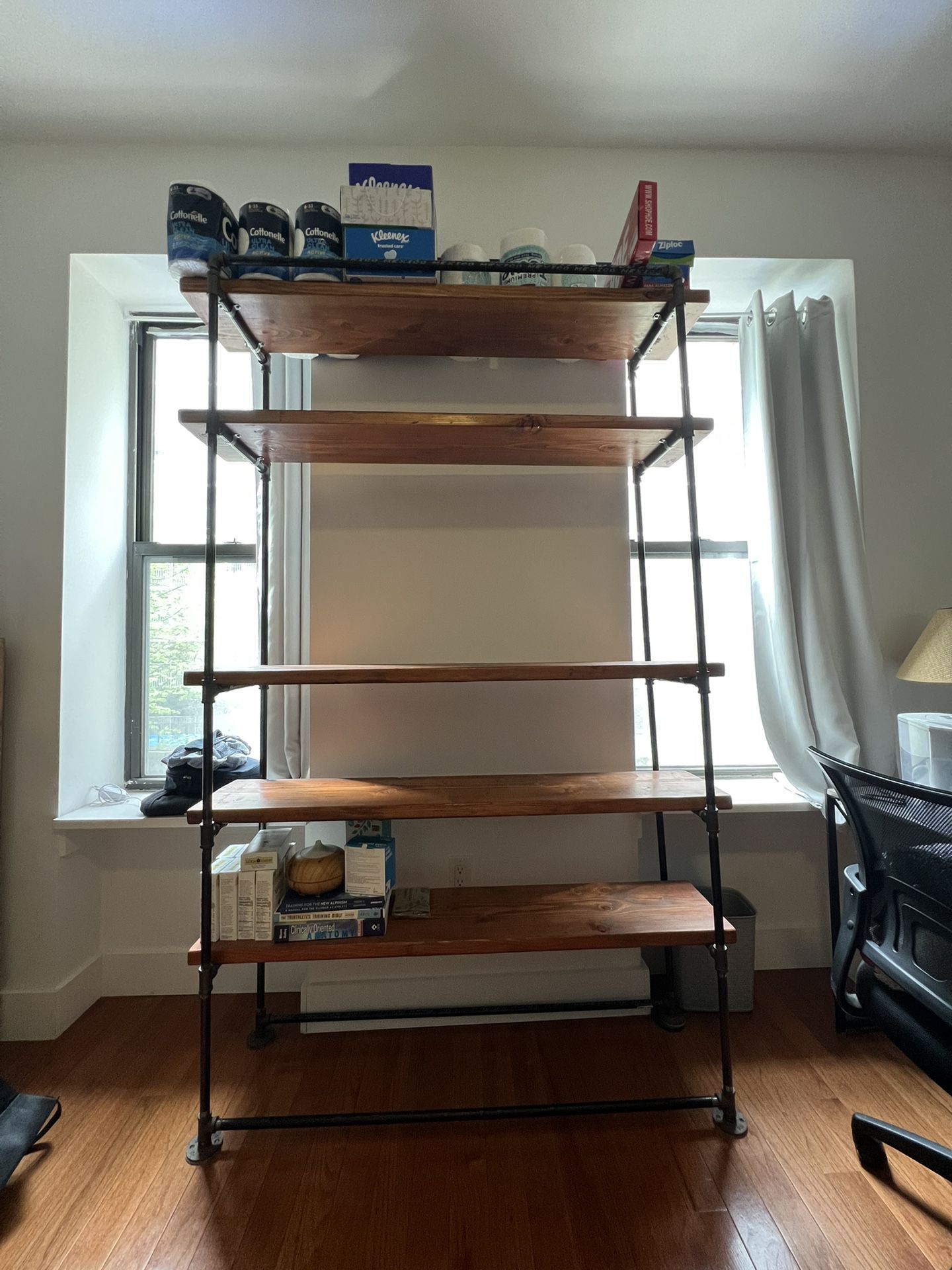 Free standing Wooden Industrial Pipe shelf