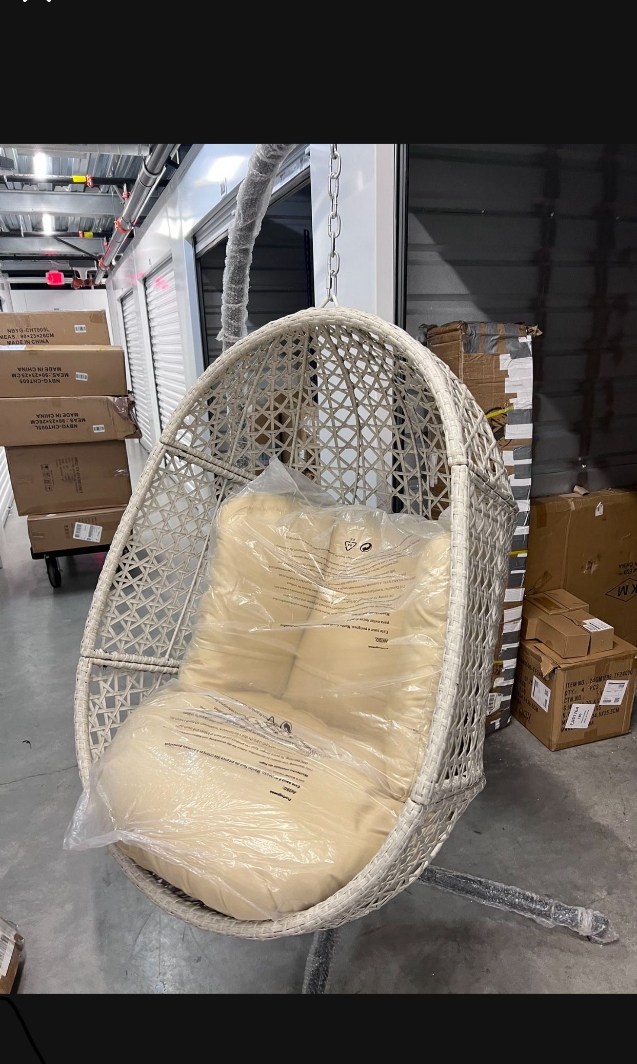Swing Hanging Chair for Indoor and Outdoor with C-Stand and Beige Cushion