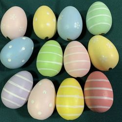 New 12 wooden dot and striped decorative pastel easter eggs