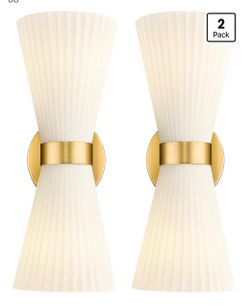 Modern Wall Sconce Set of 2, HWH 2-Light Up Down Wall Light Indoor Vanity Wall Lamp, Brushed Gold Bathroom Vanity Sconce Frosted White Striped Glass S
