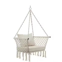 32 in. L Outdoor Porch Patio Hanging Rope Chair Swing Hammock Seat with Beige Cushion 93915