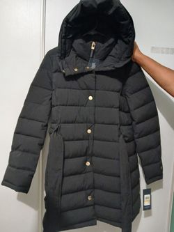 Black Puffer Coat with Hood and Gold Buttons