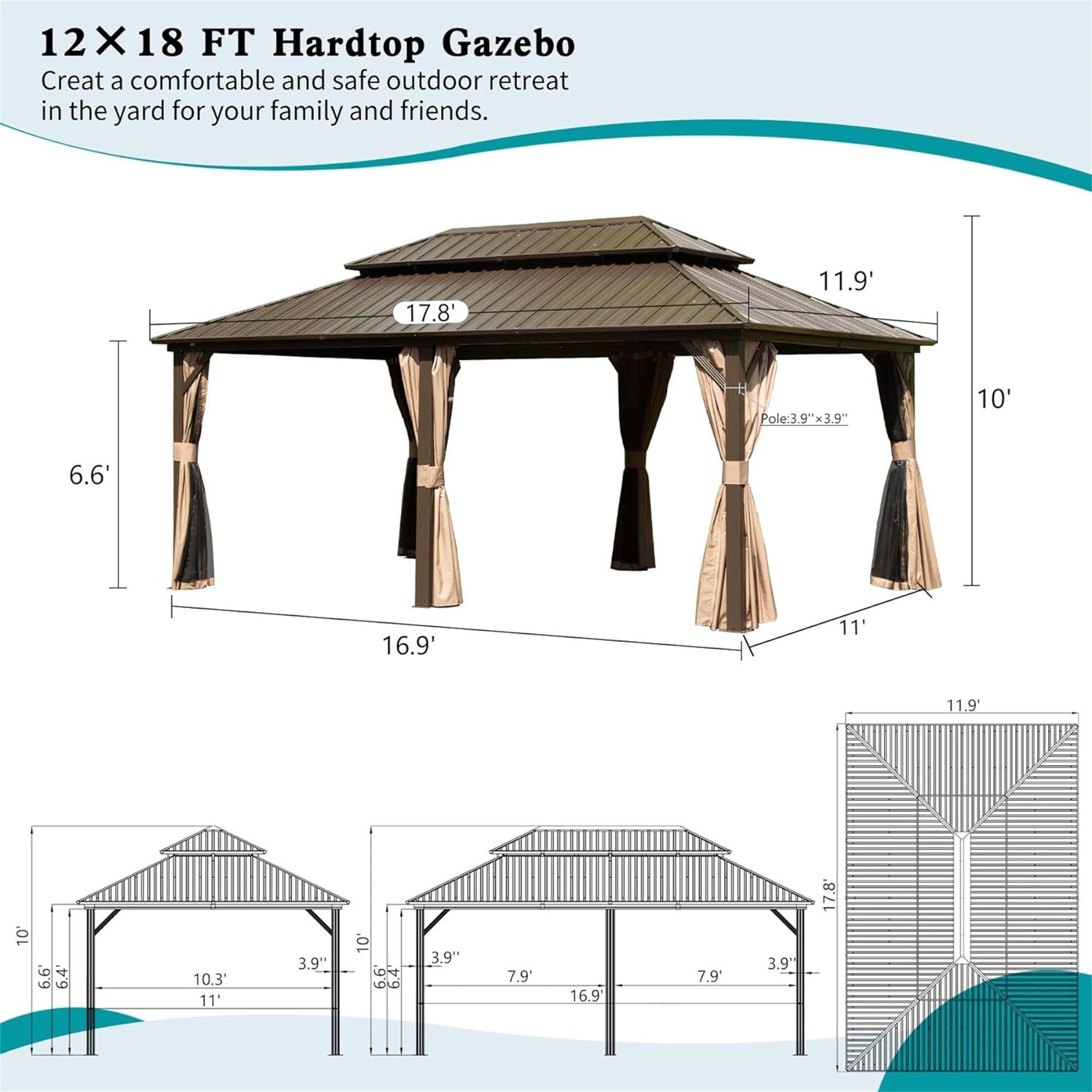 12' X 18' Hardtop Gazebo, Aluminum Metal Gazebo with Galvanized Steel Double Roof Canopy, Curtain and Netting, Permanent Gazebo Pavilion for Party, We