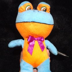 $1 Blue & Orange Frog With Purple Bow Plush