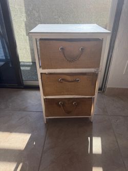 White Wood Storage Unit with 3 Burlap Drawers $5