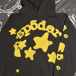 sp5der Beluga Hoodie Black Yellow Stars Graphic Print Pullover Fleece S