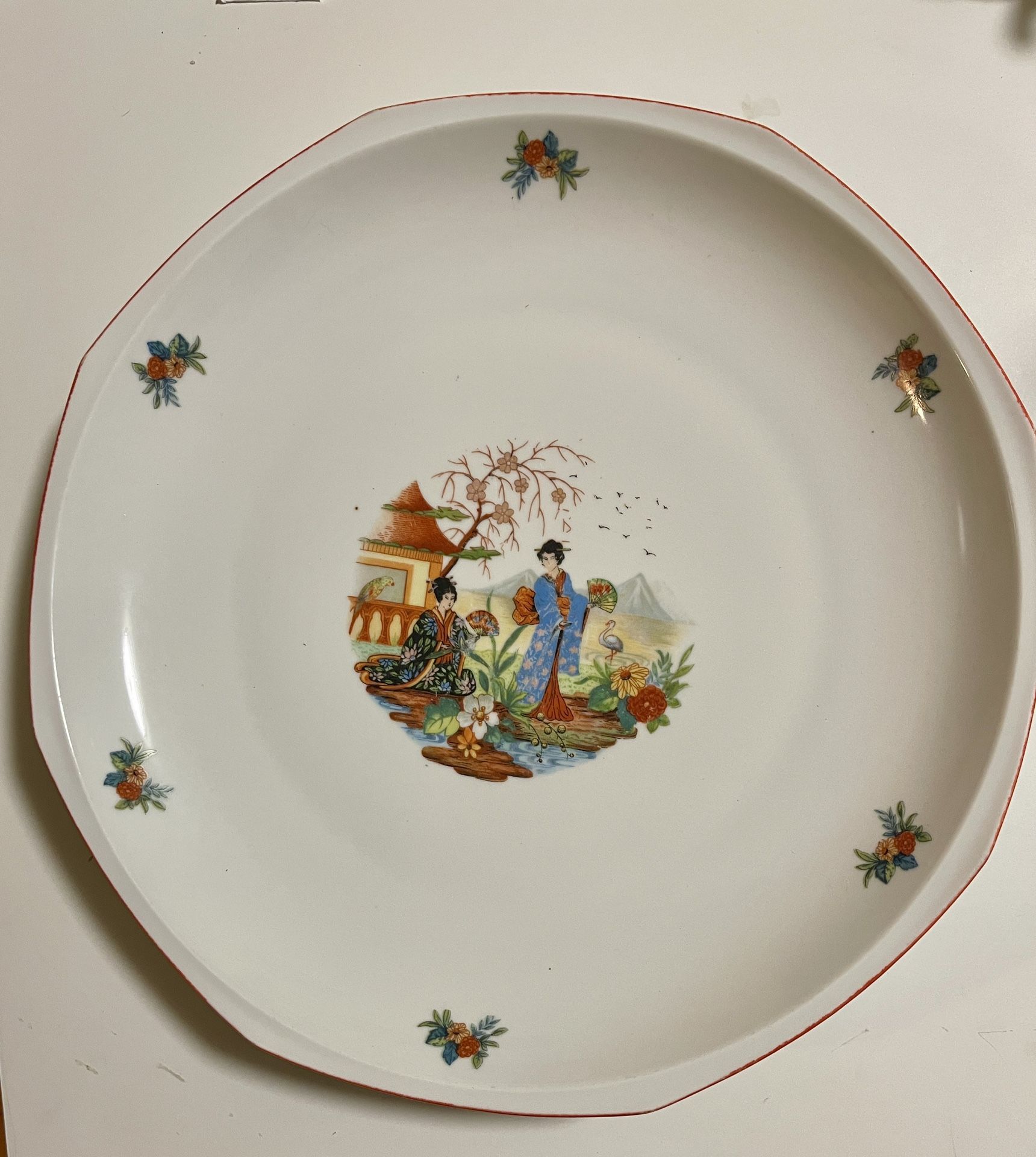 MZ Crown Czechoslovakia 1940s Octagonal Serving Plate Japanese Motif
