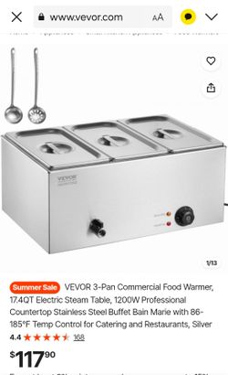 VEVOR 3-Pan Commercial Food Warmer, 17.4QT Electric Steam Table, 1200W Professional Countertop Stainless Steel Buffet Bain Marie with 86-185°F Temp Co