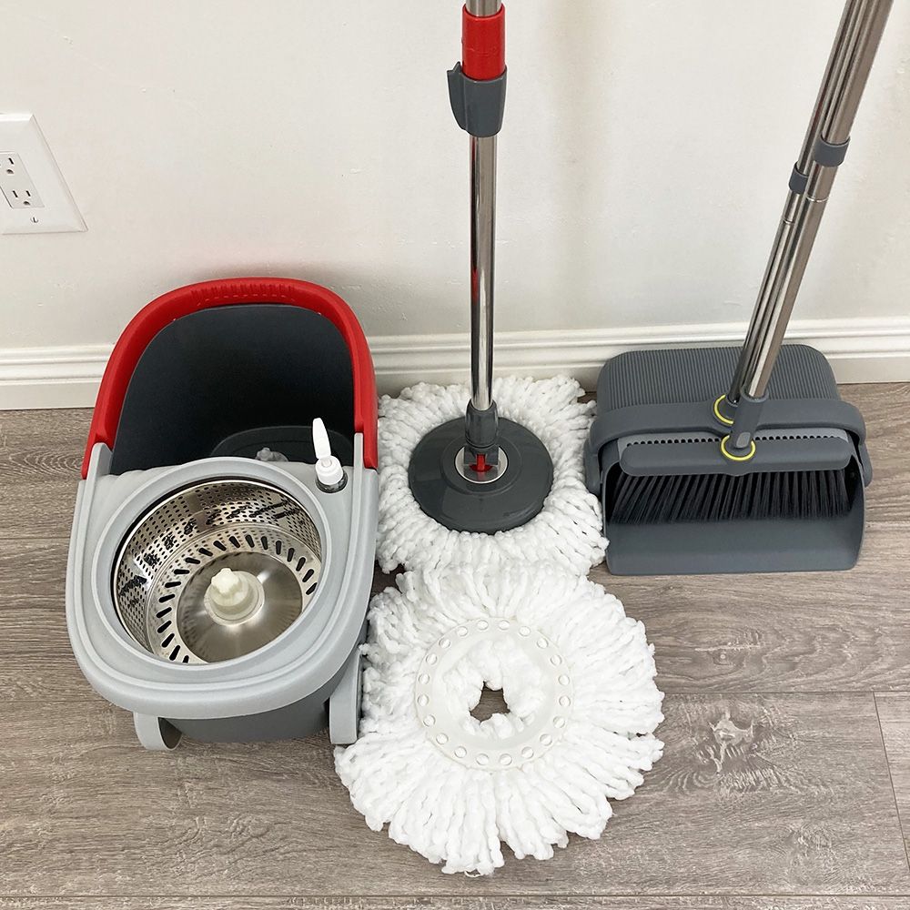 New $35 (Combo Set) Broom Dustpan & Spin Mop Wheels Extended Handle with 2pc Microfiber Mop Heads