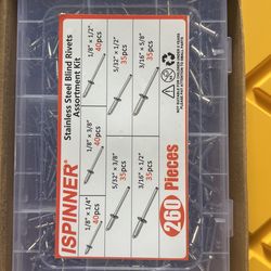 ISPINNER 260pcs Stainless Steel Blind Rivets, 7 Sizes Pop Rivets Assortment Kit