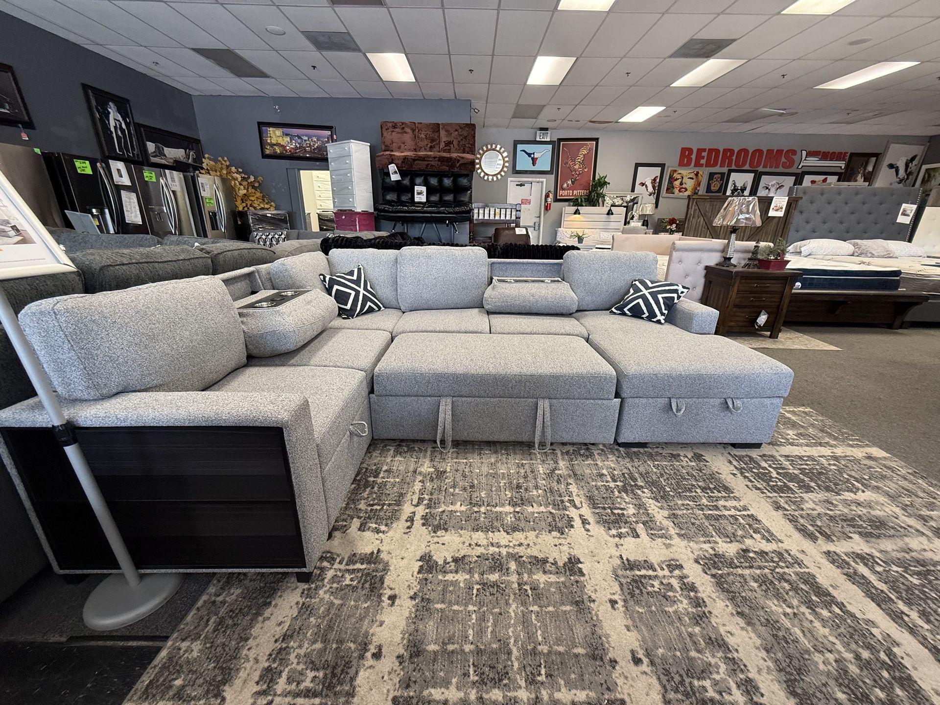 Sectional With Sleeper Sofa, 2 Fold-down Tables, Chaise Storage, Loveseat Storage, 2 Wireless Charging Ports, & Built In Shelf