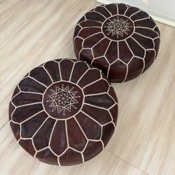 Two Leather Moroccan Poufs 