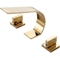 Gold Bathroom Faucet 3 Hole,Ultrathin Low Arc 8 inch Widespread Bathroom Faucet,Waterfall Bathroom Faucet,2-Handle Modern Vanity Faucet with Hot and C