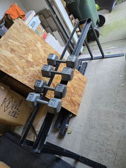30lb and 35lb Metal Hex Dumbbells with Dumbbell Rack
