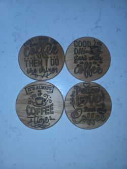 Set of 4 Laser Engraved Wood Coffee Coasters