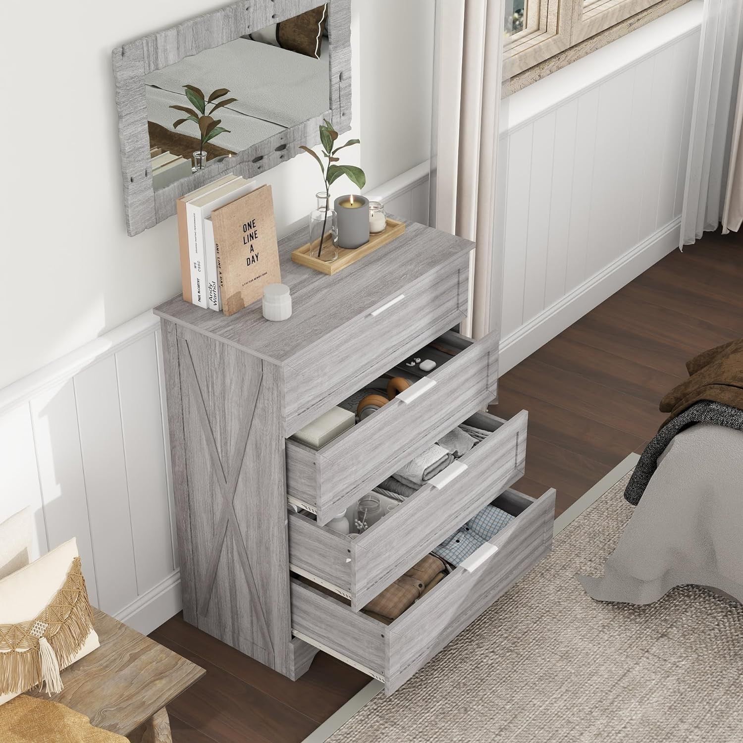 Farmhouse 4 Drawer Dresser for Bedroom, Tall Bedroom Dresser with Large Drawer & Silver Handles, Wooden Storage Organizer Cabinet Chest of Drawer for 