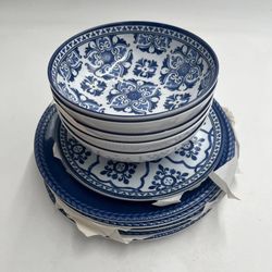 Blue White Dinnerware Set 11pc Plates Bowls Ceramic Microwave Dishwasher Safe