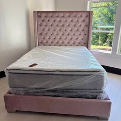 🩷 Brand new upholstered diamond tufted pink velvet king and queen size tall headboard | opt mattress + box spring | Pay after delivery 🚚