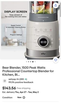 Bear Blender, 1500 Peak Watts Professional Countertop Blender for