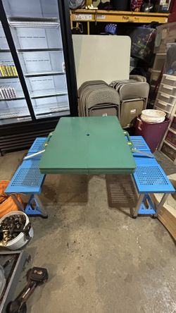 Portable plastic folding table attached benches folds into suitcase camping sporting picnic