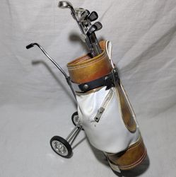 VTG Collectible Miniature Leather Golf Bag W/Wheeled Stand -Removable Golf Clubs