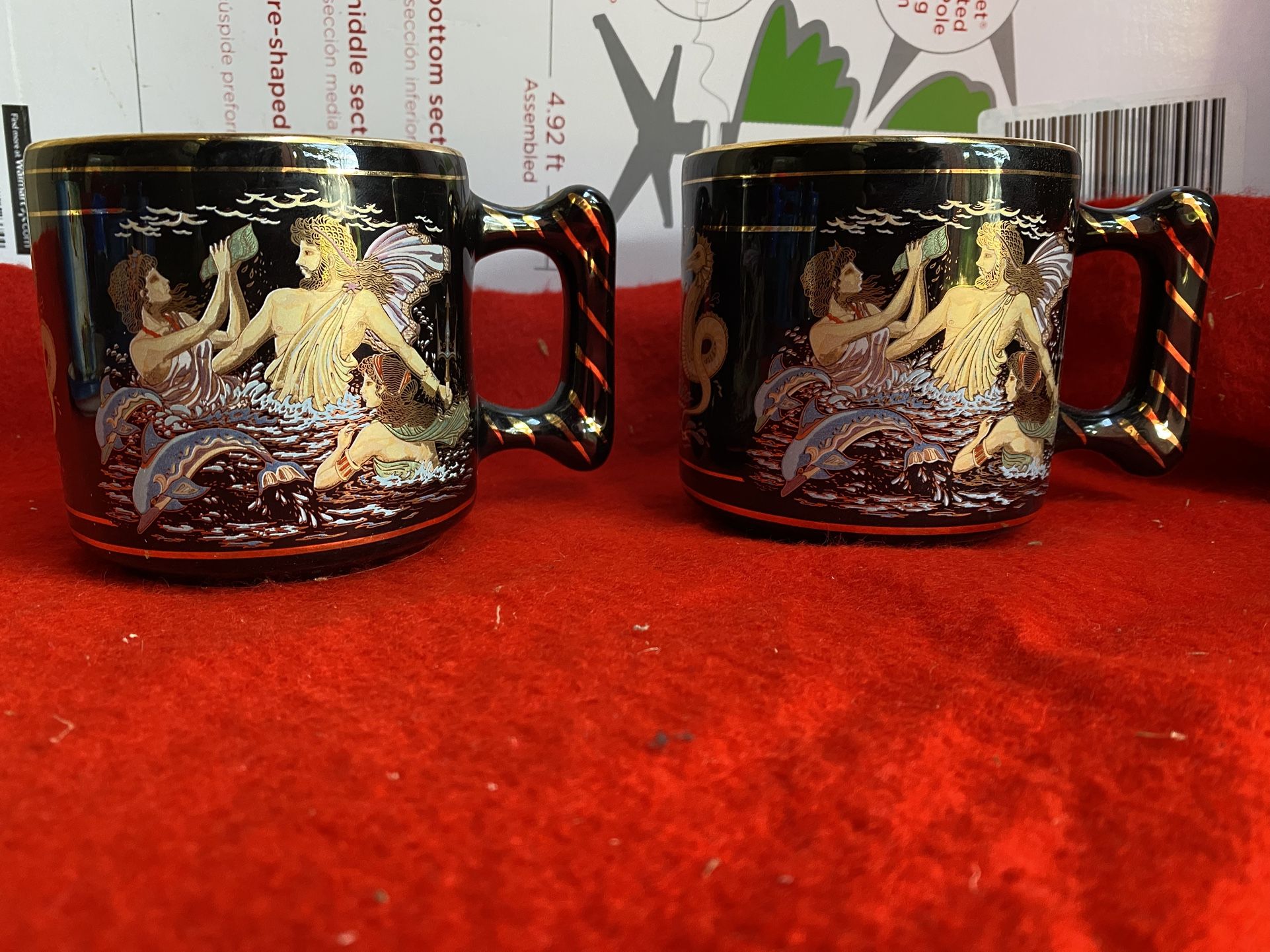 Set Of 2 24k Black & Gold Handmade In Greece Greek Ceramic Mugs Imported From Greece