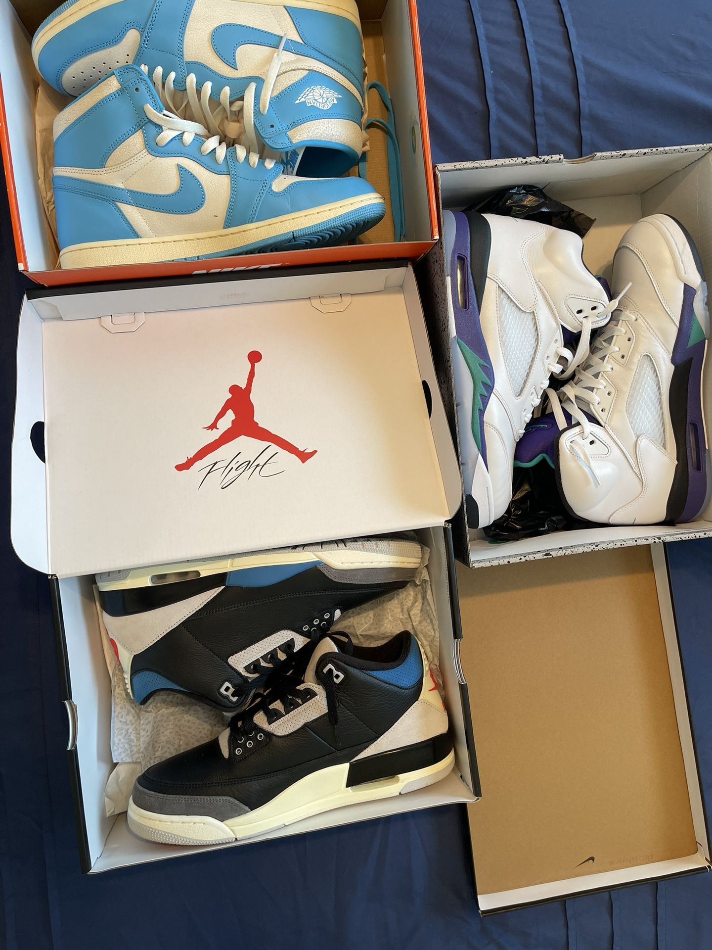 Rare 3s Sz 11.5 $180 , Grape 5s Sz 12 $220 , Jordan 1s Unc Reimagined Sz 11 $130 All Together I’ll Take $530