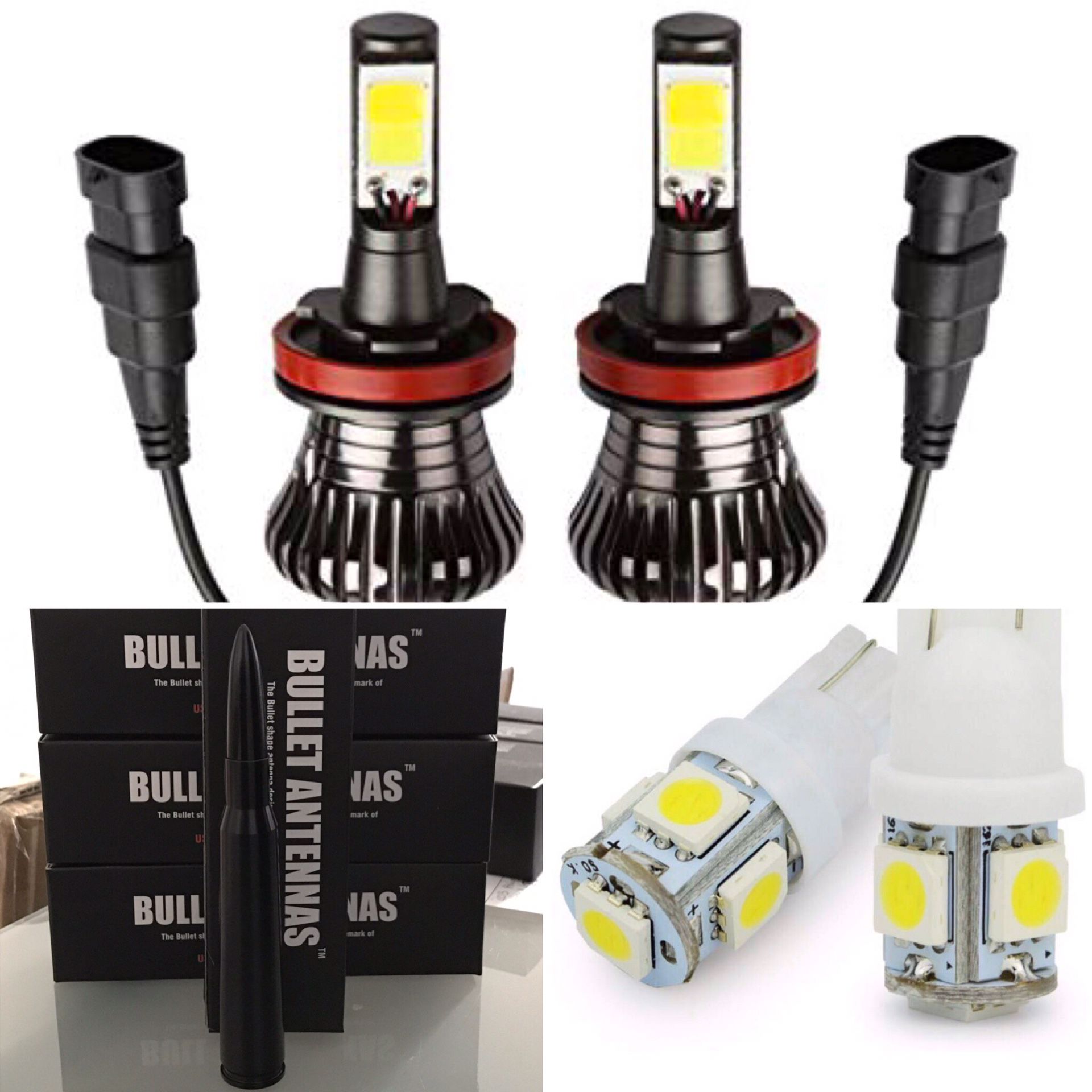 H11 LED Headlight Bulbs + Black Bullet Antenna + 2 License Plate LED Bulbs