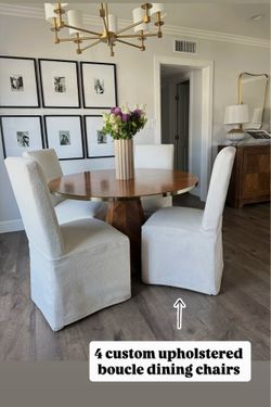 4 white custom upholstered boucle dining chairs
