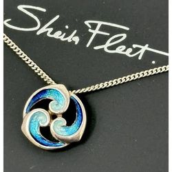 Sheila Fleet Sterling Silver 925 Breckon Pendant 18" Necklace in Peacock Enamel