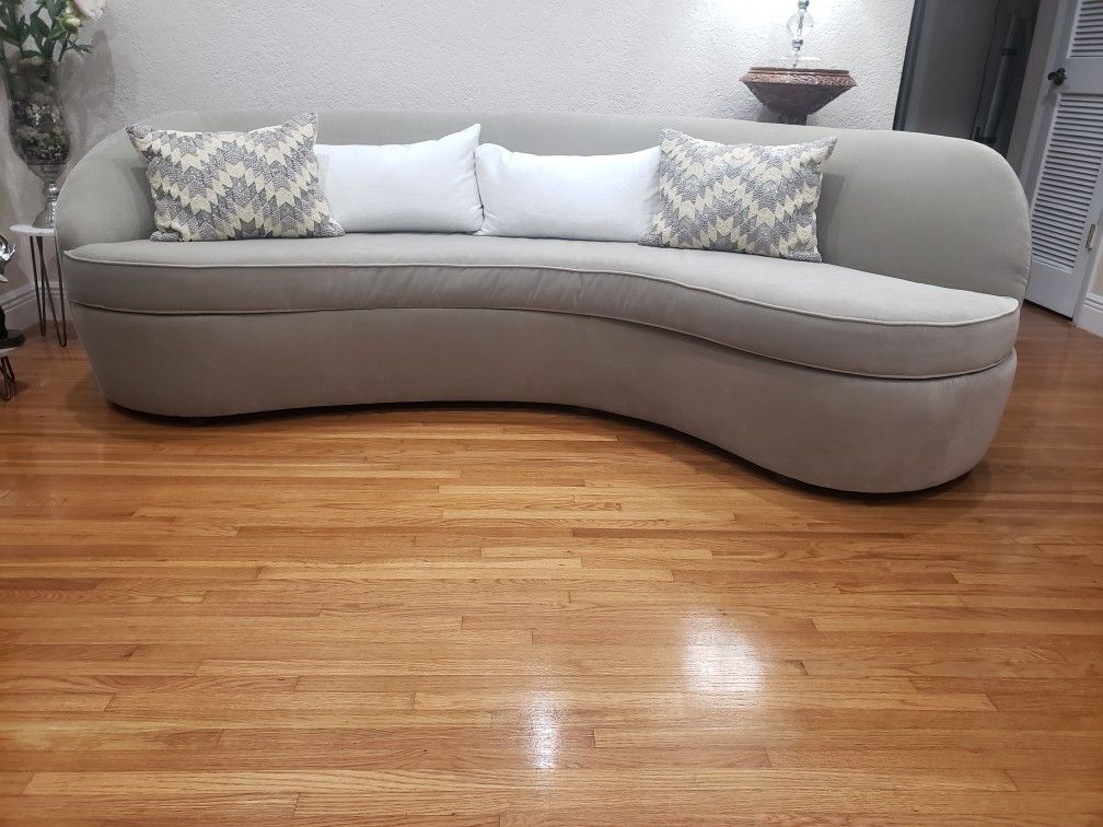 Beautiful modern West Elm Boomerang Curved Sofa, Performance Velvet, Stone Color