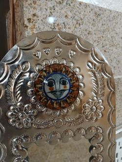 Mexican Punched Tin Mirror Celestial Talavera Tile Handmade Folk Art