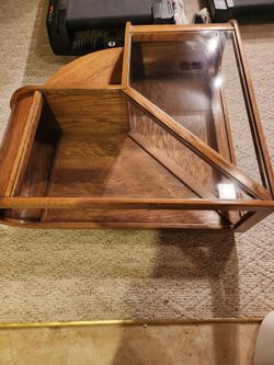 Used Wood w/ Glass Inserts Coffee Table has wheels  and End Table