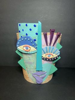 Mrlikale Whimsical Abstract Colorful Hand Painted Resin Face Planter Pot 7.5"