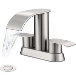 Waterfall Bathroom Sink Faucet Brushed Nickel, Two Handles Bathroom Faucet with Metal Pop up Sink Drain Stopper, Two Or 3 Holes Bathroom Basin Mixer T