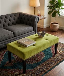 💚 Contemporary Green Velvet Tufted Ottoman Bench 💚