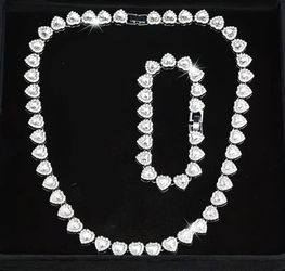 2-Pcs Men's Women's Iced Out Heart Shape 14K White Gold Plated 24"Necklace & Bracelet Set