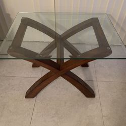 Coffee cocktail accent, end table with crossed Wood Legs. If Listed Available, Please Don’t Ask.
