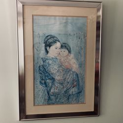 LIMITED EDITION of 1000 By BROOKLINE, MA. ARTIST EDNA HIBEL (TOMO - ASIAN MOTHER & CHILD) 28 x 40 MUSEUM QUALITY FRAMED w/ Document  RARE