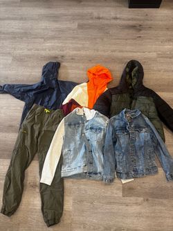 Kids rain coats, jean jacket, Eddie Bauer poofy jacket and weather proof pants