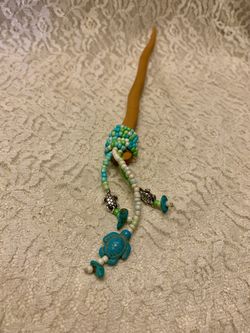 Wooden Handcrafted Beaded Chopstick Hair Pin w/Stone Turtle and Glass Beads, 7”