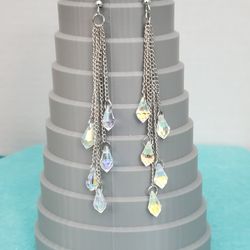 Silver Tone Metal Dangly Aurora Borealis Teardrop Pierced Earrings 