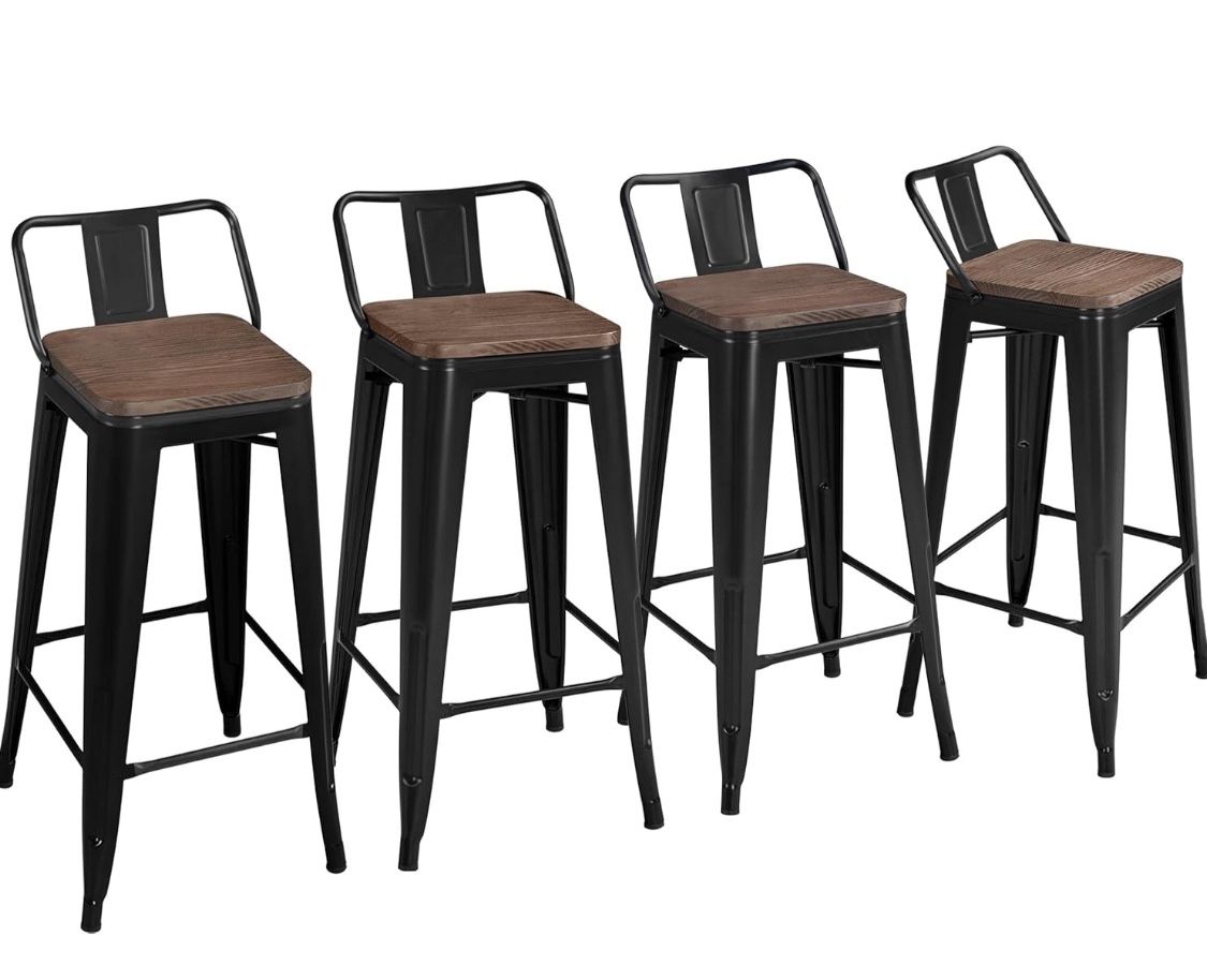 Set Of 4 30 Inch Metal Barstools With Wood Seats 613343