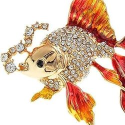 Sale Koi Fish Shimmering Tropical Rhinestone Crystal Enamel Brooch Yellow Orange Gold Tone