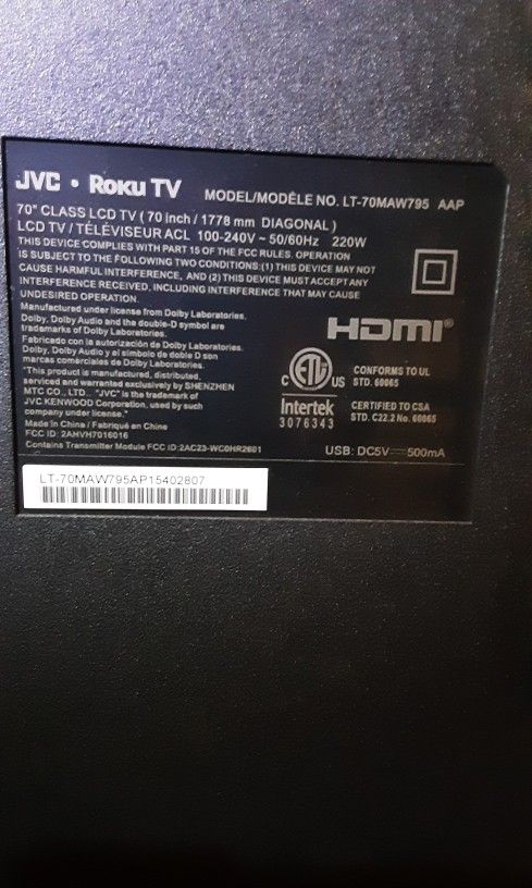 70" JVC Roku SMART TV