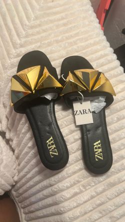 Zara Flat Sandals with Gold Pyramid Studs