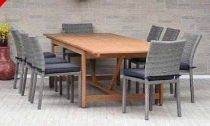 BRAND NEW 9 Piece Extendable Rectangular Table 100% FSC Certified Wood With Wicker Chairs Patio Dining Set | Ideal Furniture Set For Outdoor